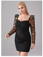 Sexy Mesh V-Neck Bodycon Mini Dress Long Sleeve Solid Color Wholesale Plus Size Clothing
