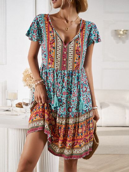 Bohemian Print V-Neck Petal Sleeve Tie Dress Wholesale Dresses