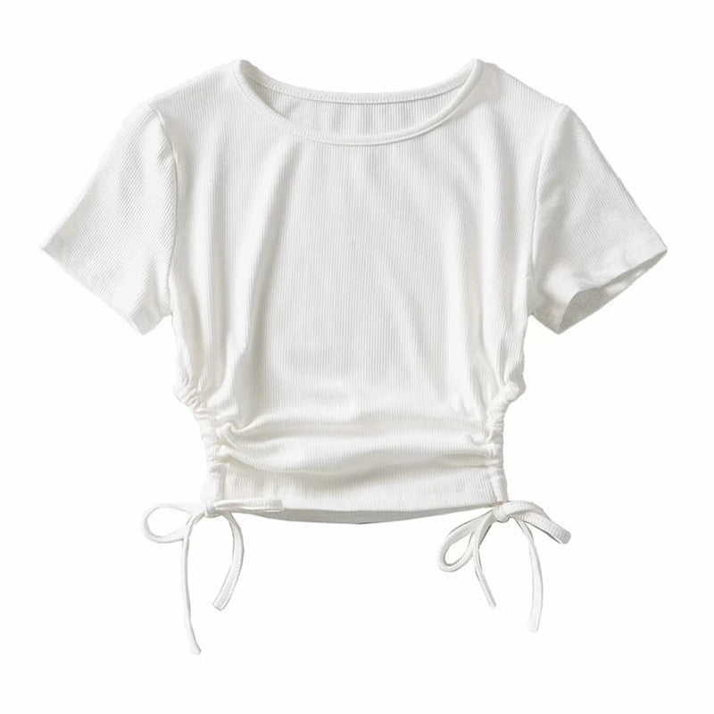 Short-Sleeve Drawstring Hollow Women T-Shirt Wholesale Crop Tops