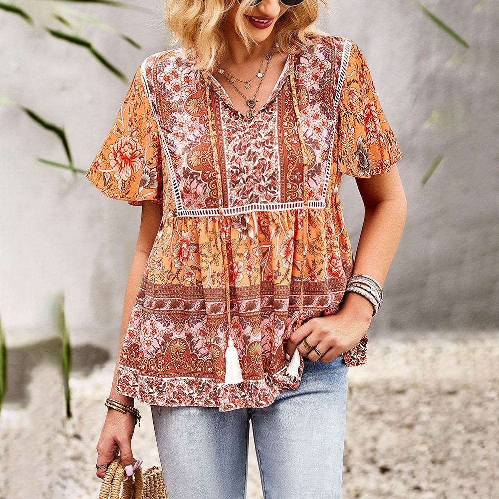 Bohemian Casual Short Sleeve Tie Tassel Blouses Wholesale Women'S Tops