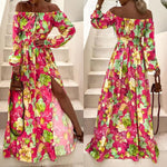 Vacation Off-Neck Floral Print Long Sleeve Slit Dress Wholesale Maxi Dresses