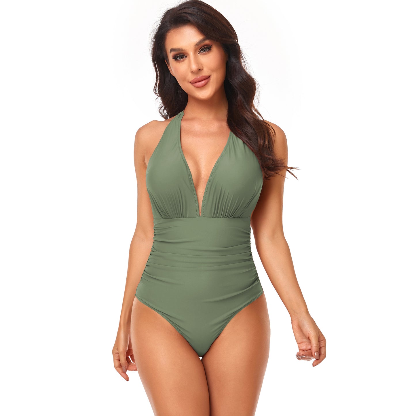 Triangle Solid Gathered Halter Neck One-Piece Swimsuit Wholesale Women'S Clothing