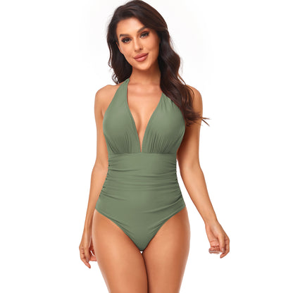 Triangle Solid Gathered Halter Neck One-Piece Swimsuit Wholesale Women'S Clothing