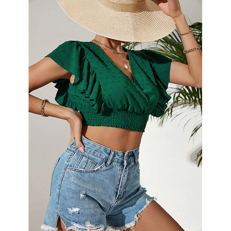 Solid Color V-Neck Short Sleeve Jacquard Shirt Crop Top Wholesale Womens Tops