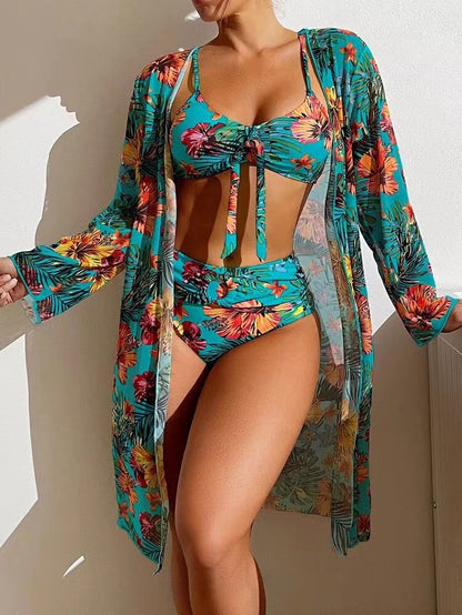 Long-Sleeved Cover-Up Bikini Print Three-Piece Swimsuit Wholesale Women'S Clothing