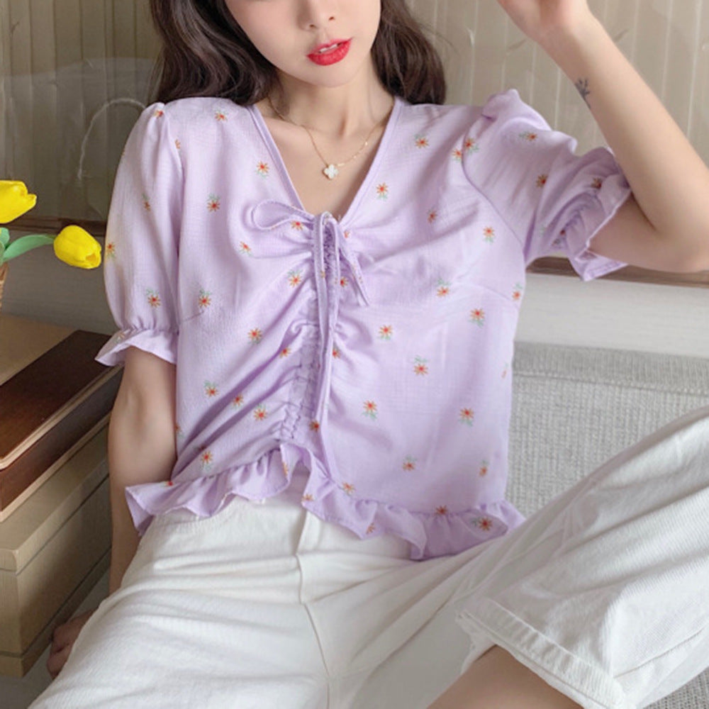 Fashion Floral Drawstring Navel Ruffle Irregular Short-Sleeved T-Shirt Wholesale Womens Tops