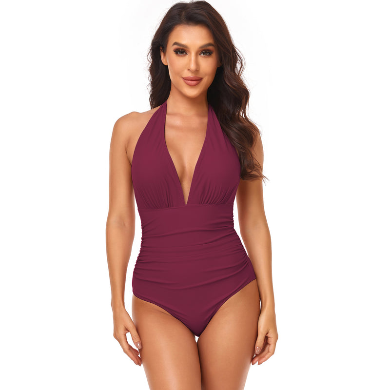 Triangle Solid Gathered Halter Neck One-Piece Swimsuit Wholesale Women'S Clothing