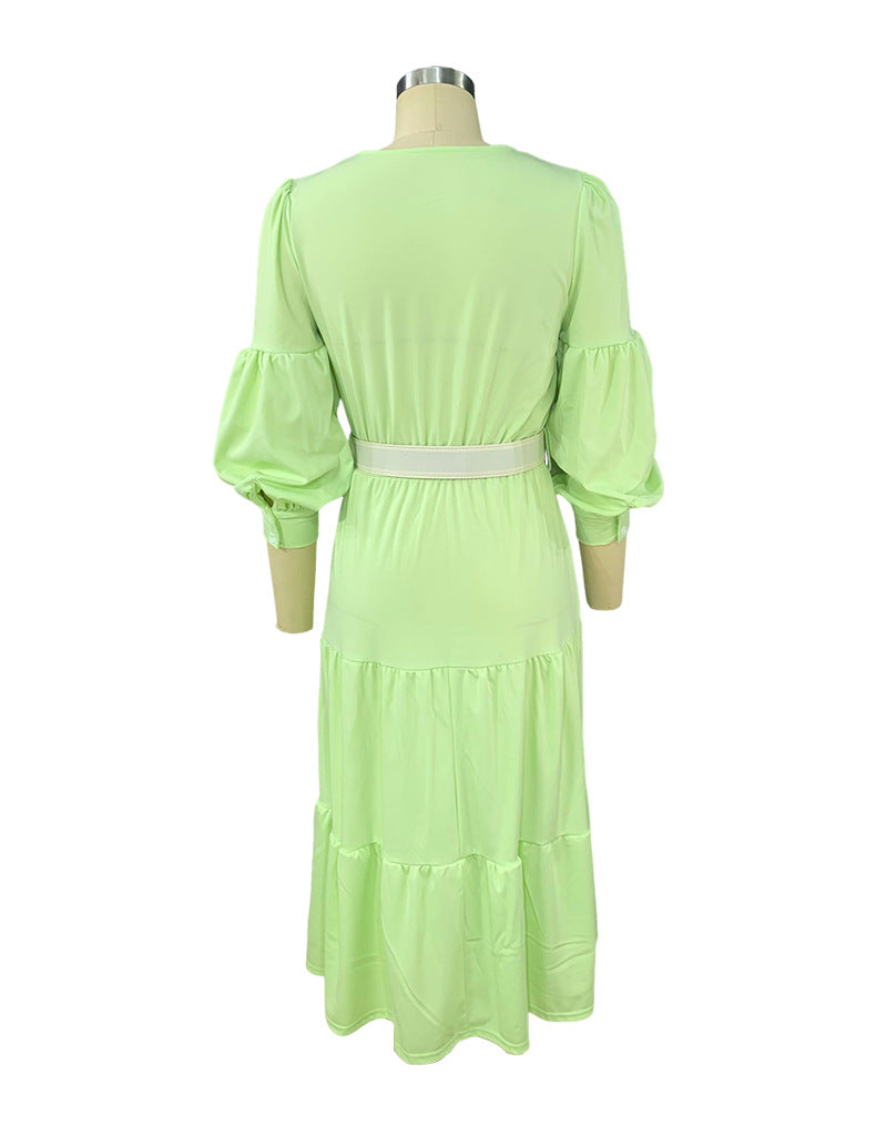 Solid Color Puff Sleeve Round Neck Smocked Dress Wholesale Dresses