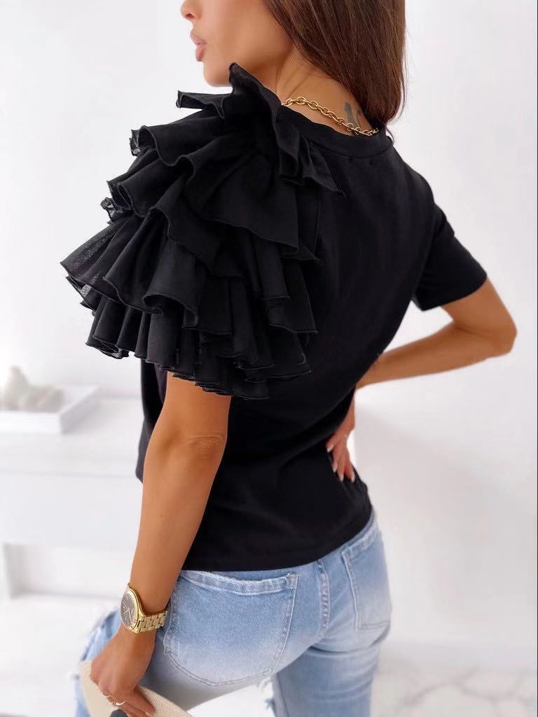 Fashion Ruffles Short Sleeve Round Neck T-Shirt Wholesale Womens Tops