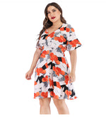 Casual V Neck Ruffle Dress Short Sleeve Printed Wholesale Plus Size Clothing