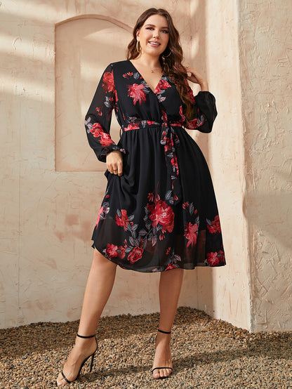 Rose Print Long Sleeve Swing Curve Dresses Wholesale Plus Size Clothing