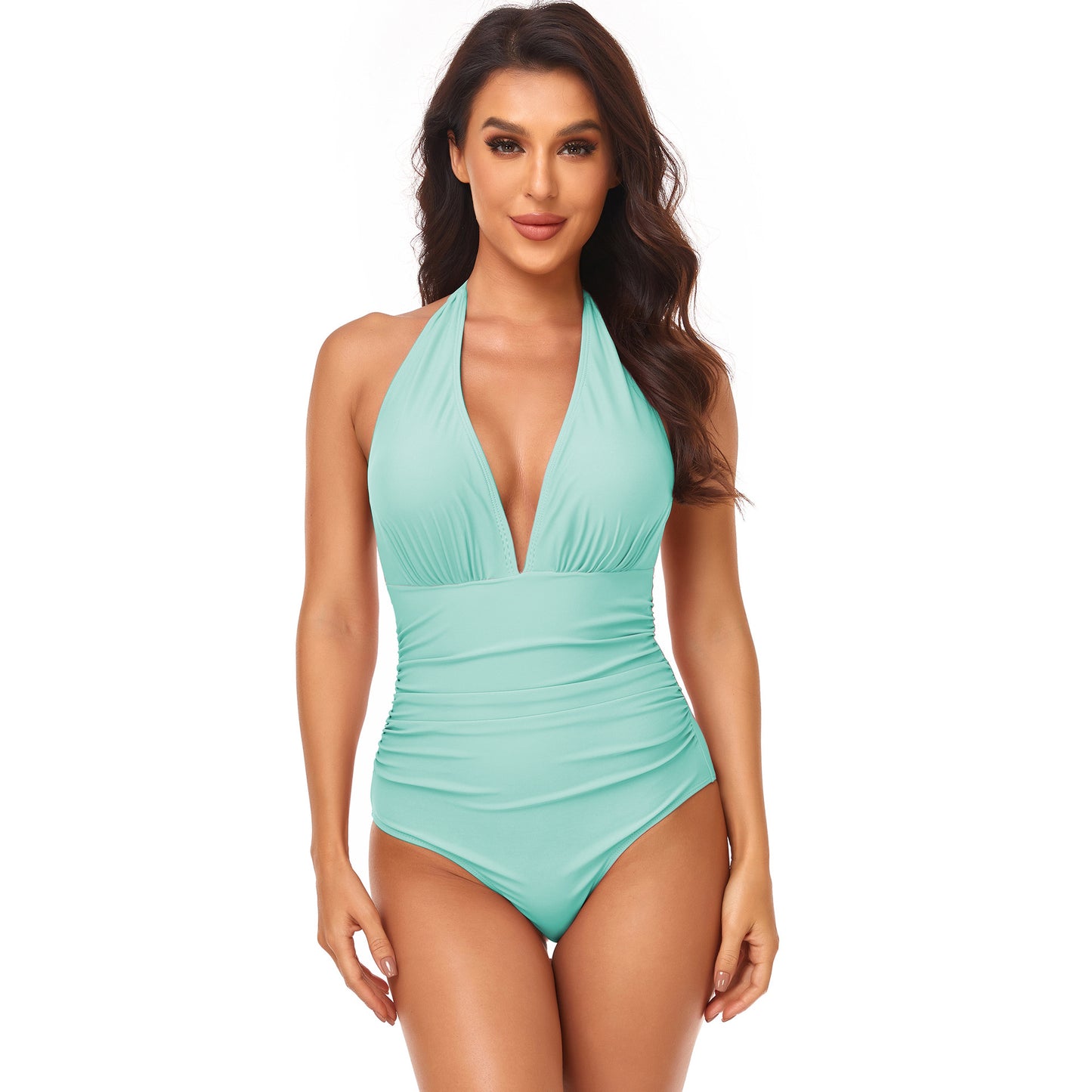 Triangle Solid Gathered Halter Neck One-Piece Swimsuit Wholesale Women'S Clothing