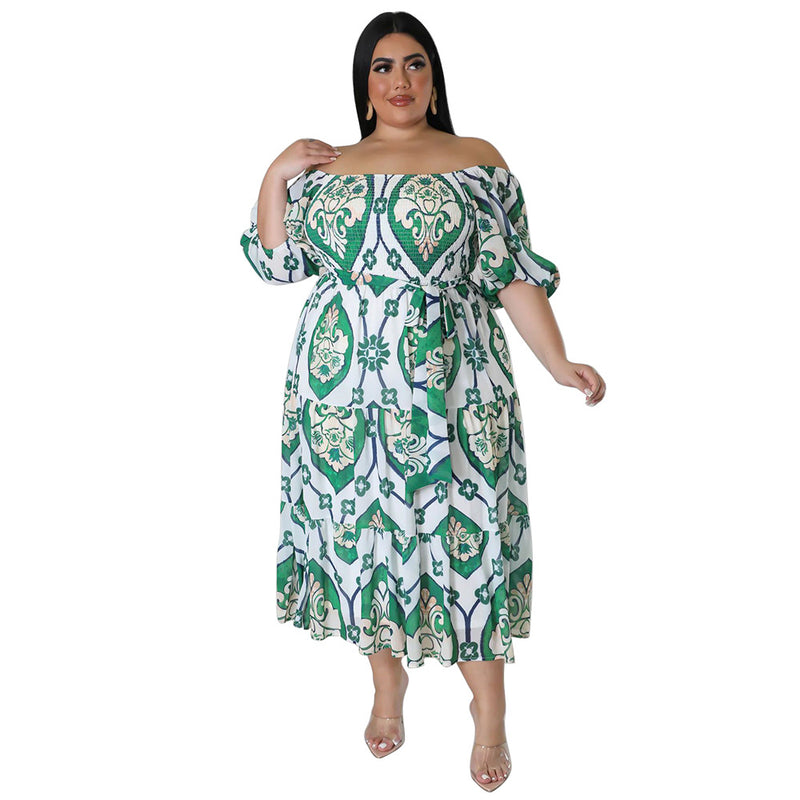 Printed Short Sleeve Lace-Up Smocked Curvy Dresses Wholesale Plus Size Clothing