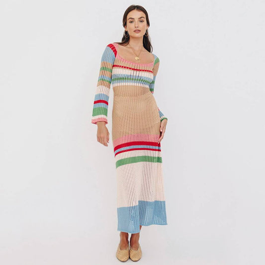 Colorblock Striped Resort Sexy Knit Hollow Dress Wholesale Dresses