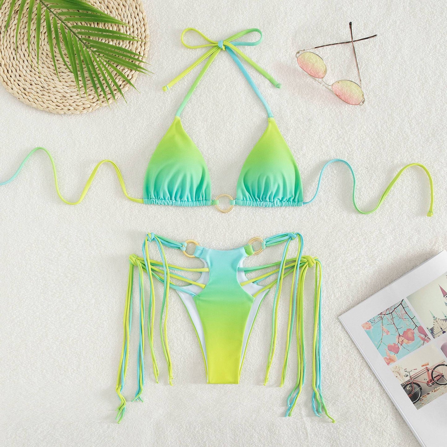 Fringed Gradient Cutout Halter Neck Two-Piece Bikini Swimsuit Wholesale Women'S Clothing