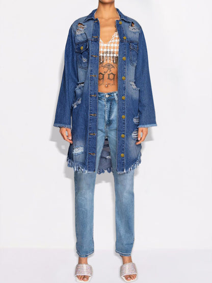 Fashion Long-Sleeved Ripped Hole Mid-Length Denim Jacket Wholesale Womens Clothing