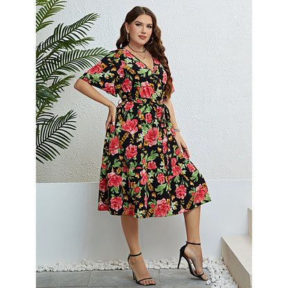 Wholesale Women'S Plus Size Clothing Rose Print V-Neck Slimming Short-Sleeved Dress