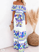 Off-Shoulder Collar Ethnic Style Printed Long Lace-Up Bohemian Dress Wholesale Maxi Dresses