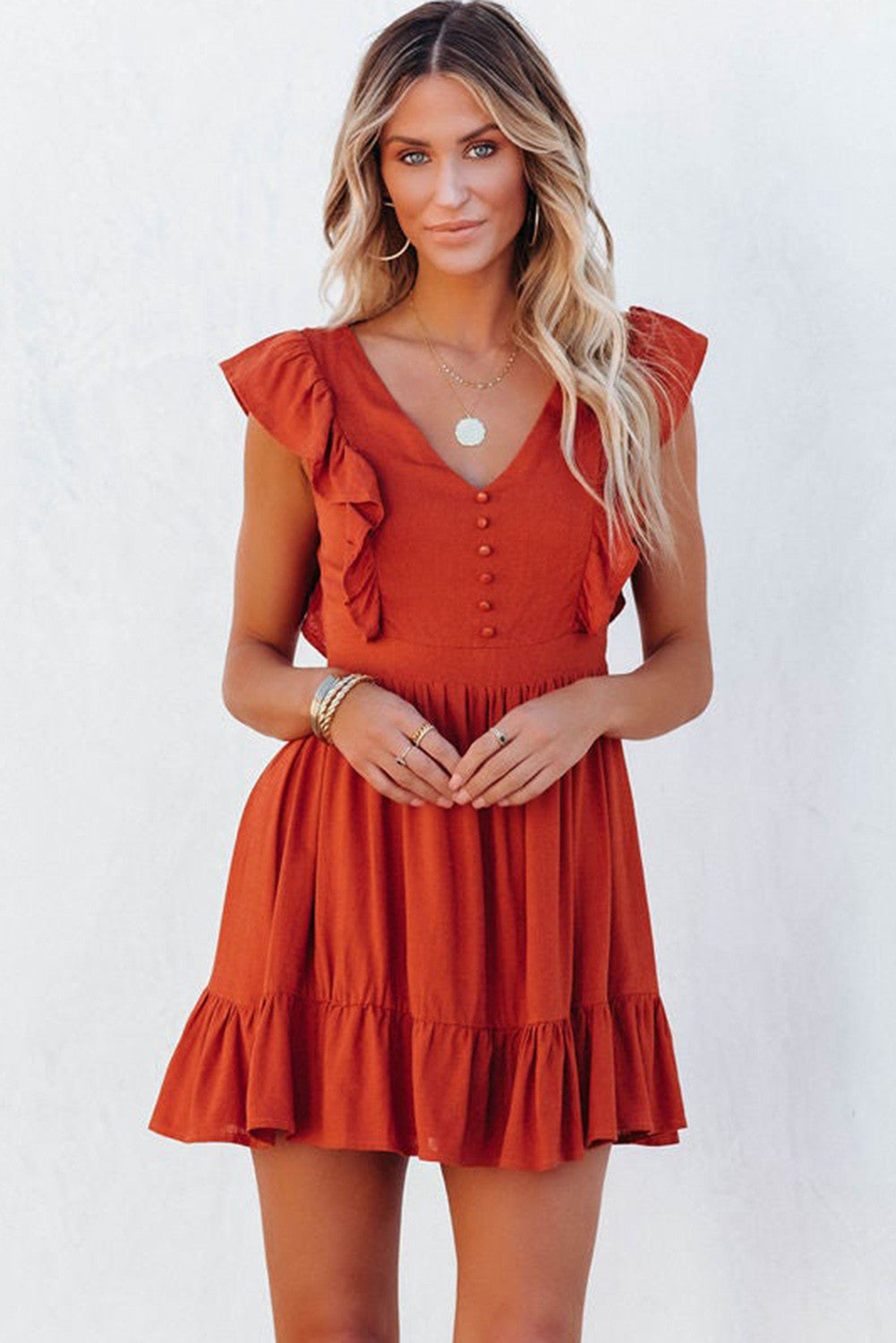 V-Neck Ruffled Open Back Sleeveless Button Down Dress Wholesale Dresses