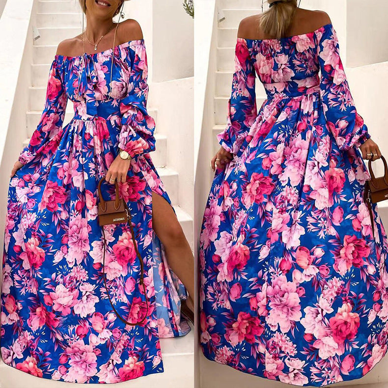 Vacation Off-Neck Floral Print Long Sleeve Slit Dress Wholesale Maxi Dresses