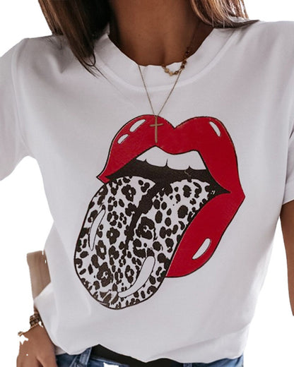 Short Sleeve Round Neck Lip Print Womens T Shirts Wholesale