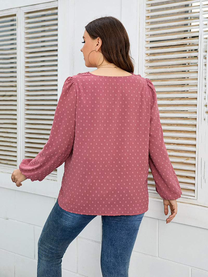 Long Sleeve Jacquard Chiffon Curvy Women Shirts Wholesale Plus Size Clothing