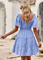 Square Neck Short Sleeve Pleated Solid Color A-Line Dress Wholesale Dresses