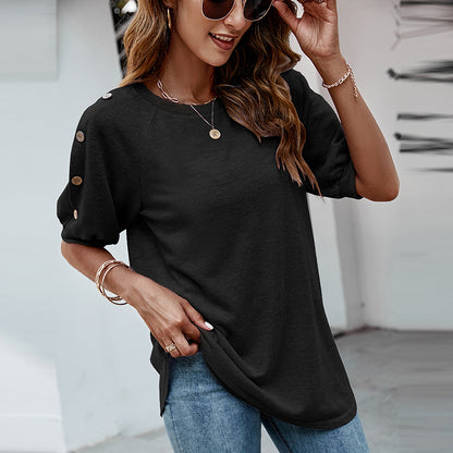 Solid Color Round Neck Button Casual T-Shirt Wholesale Womens Tops