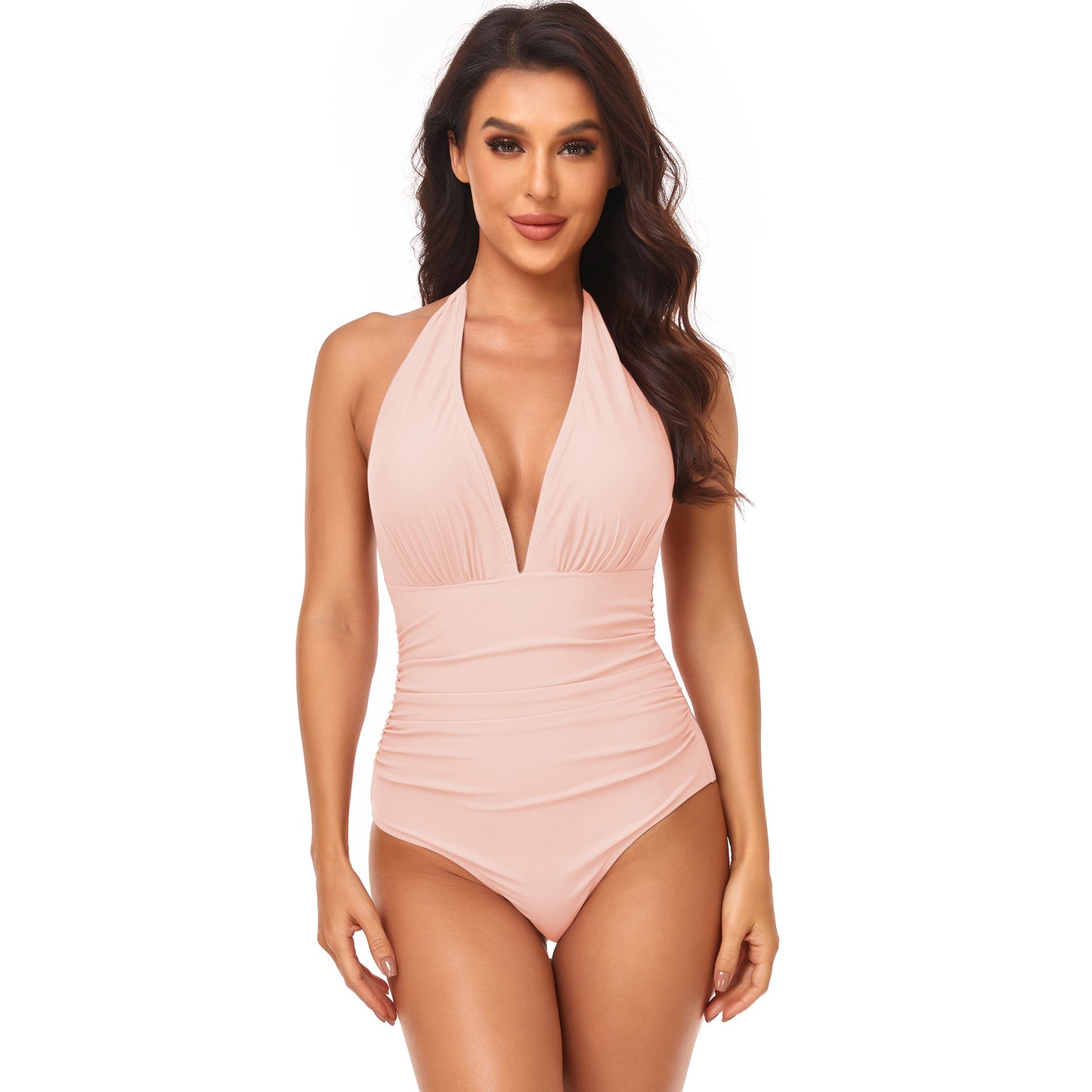 Triangle Solid Gathered Halter Neck One-Piece Swimsuit Wholesale Women'S Clothing