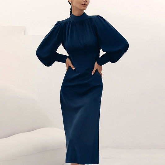 Long Sleeve Solid Color Slim Tie Round Neck A-Line Dress Wholesale Dresses