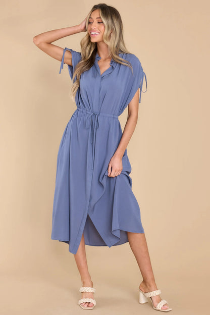 Summer Drawstring Waist Lapel Single-Breasted Casual Midi Dress Wholesale Dresses