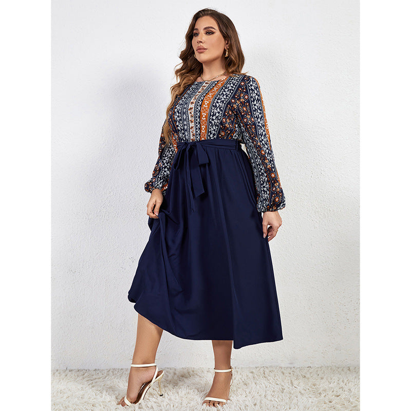 Printed Long Sleeve Waist-Slimming Ethnic Style Lace-Up Curvy Dresses Wholesale Plus Size Clothing N5323021500040