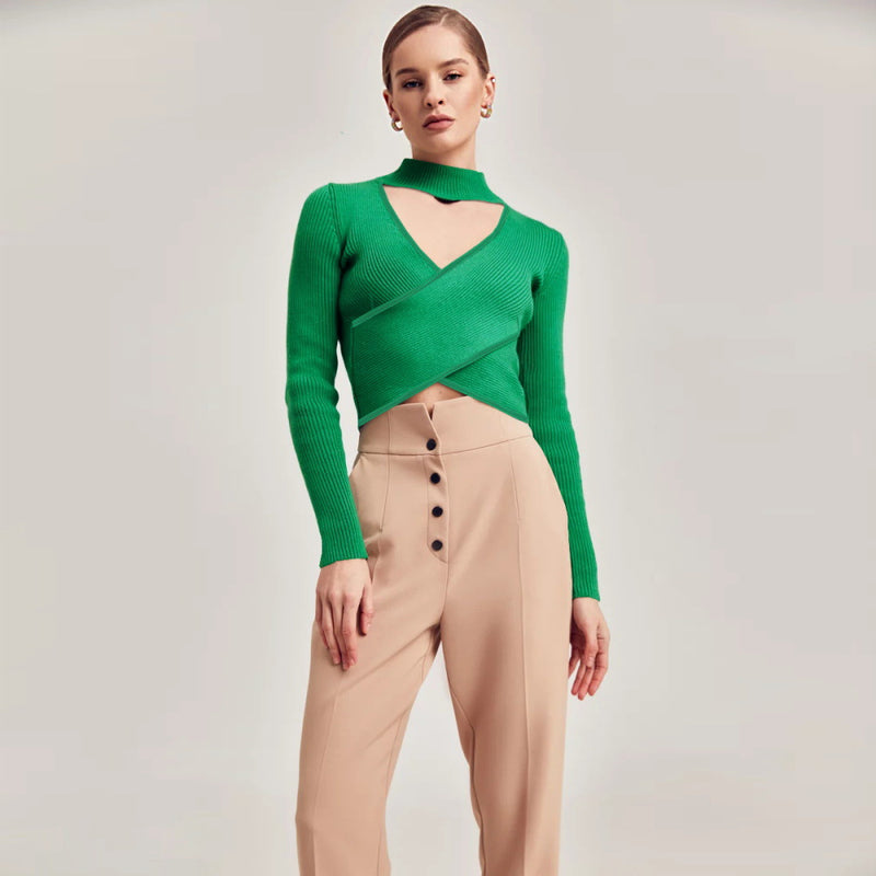 Long Sleeve Sexy Cutout Crossover Knit Shirts Swholesale Women Blouse