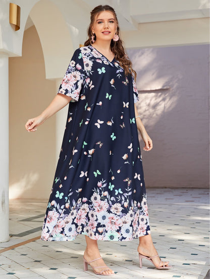 Fashion Printed V-Neck Midi Dress Short Sleeve Loose Wholesale Plus Size Clothing