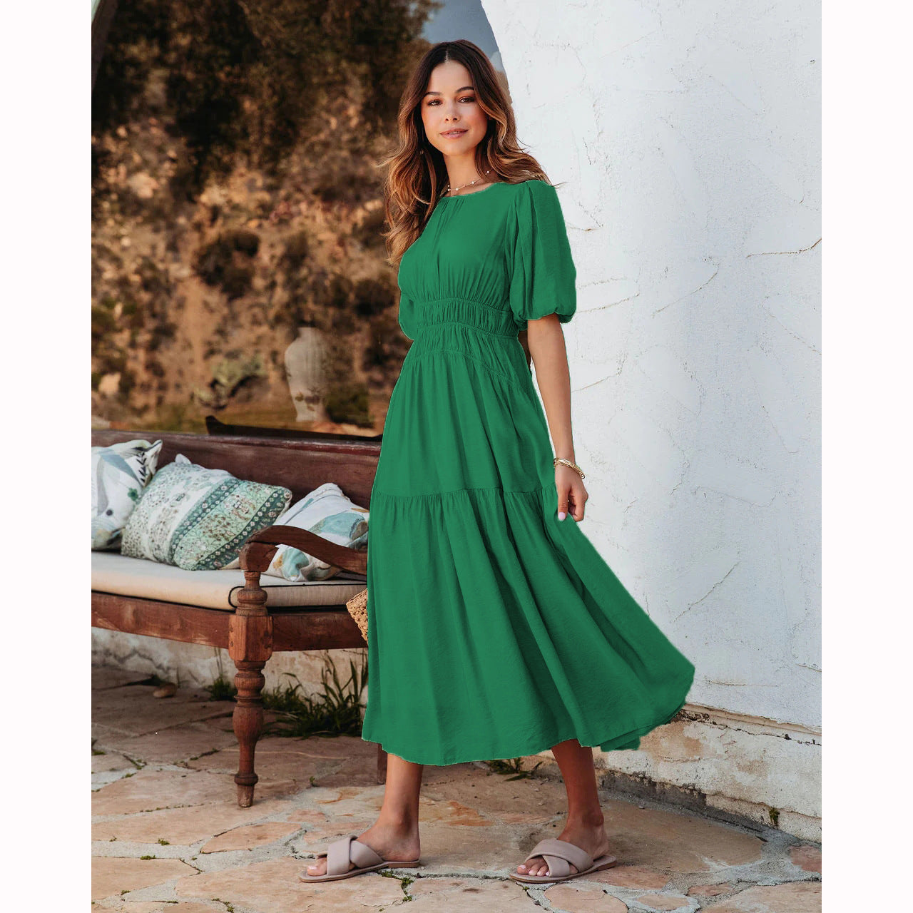 Summer Round Neck Puff Sleeve Waist Large Swing Dress Wholesale Dresses