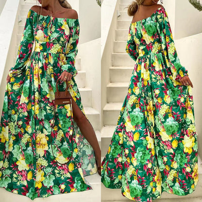 Vacation Off-Neck Floral Print Long Sleeve Slit Dress Wholesale Maxi Dresses