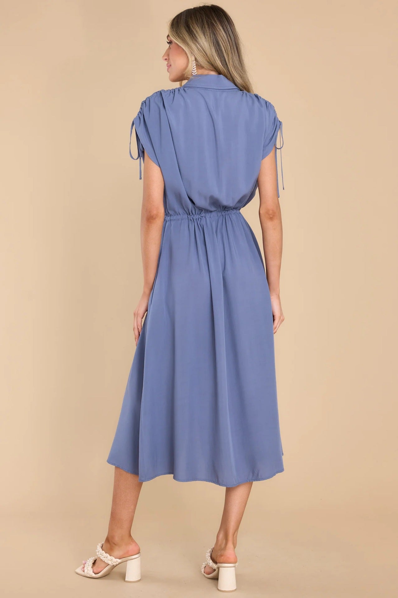 Summer Drawstring Waist Lapel Single-Breasted Casual Midi Dress Wholesale Dresses