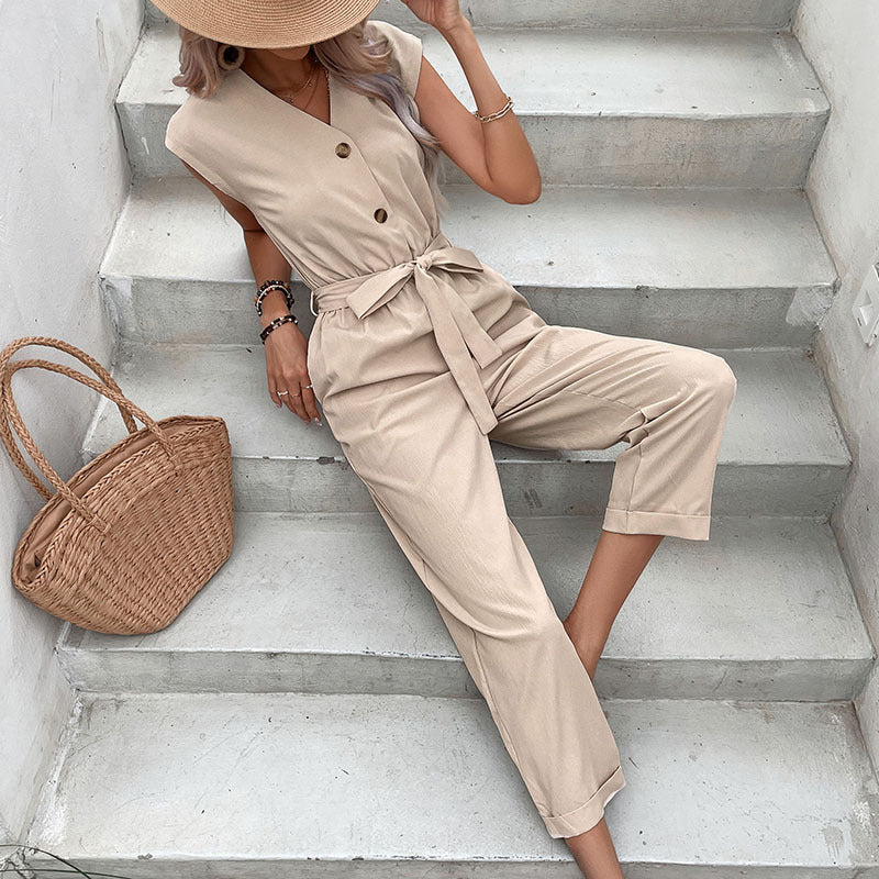 Button-Down Sleeveless V-Neck Commuter Cropped Jumpsuit Wholesale Women'S Clothing