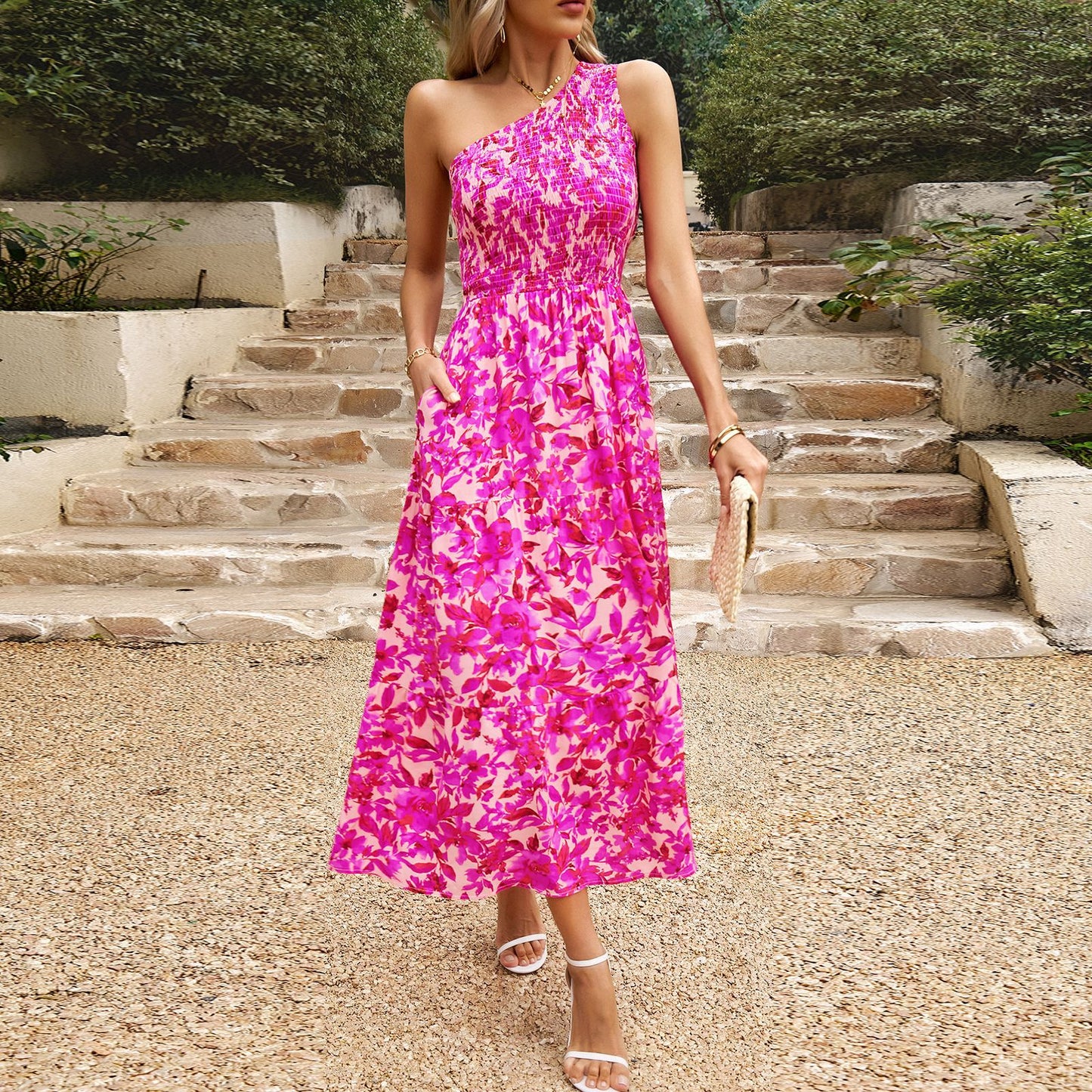 Elegant Sloping Shoulder Flower Print Long Dress Wholesale Dresses