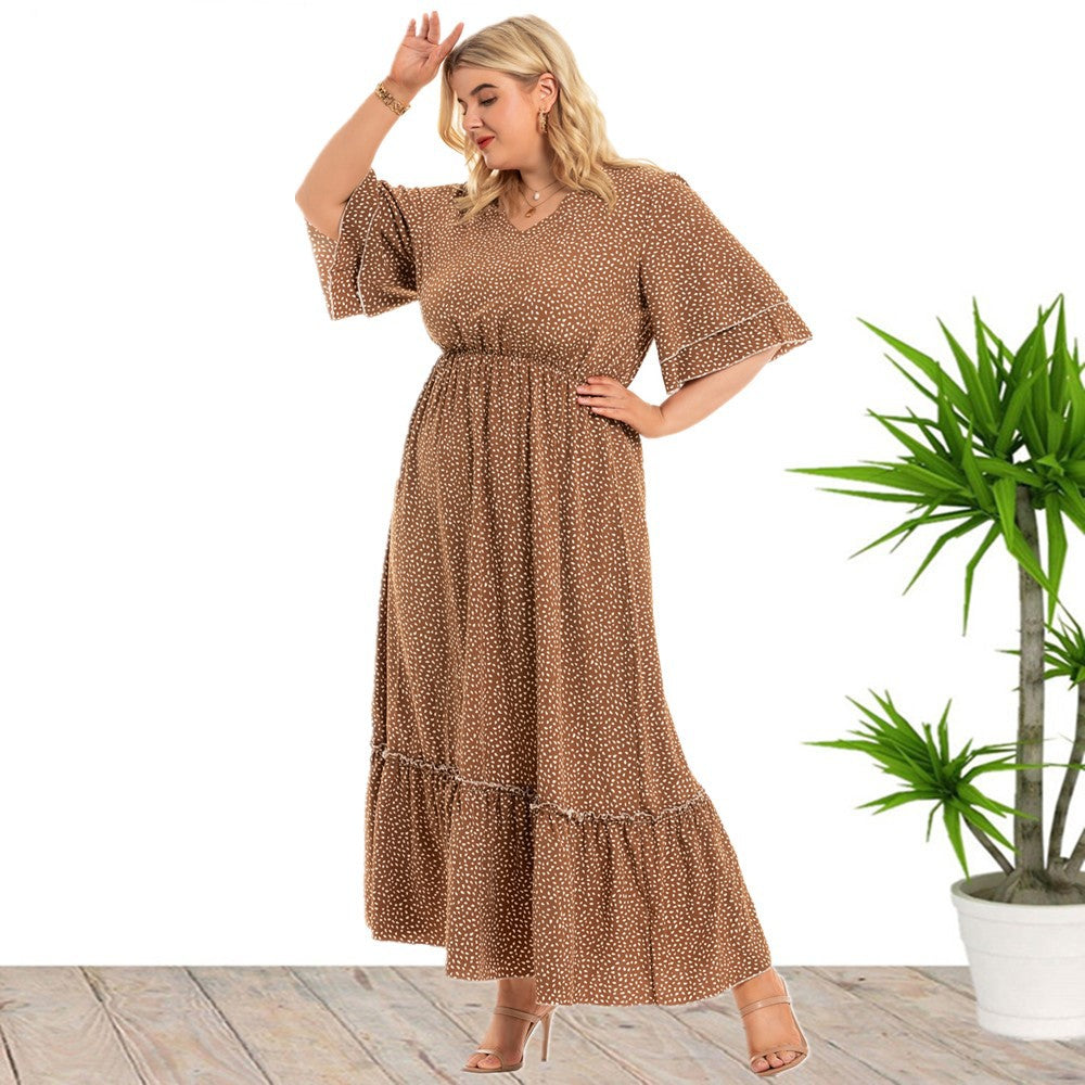 Wholesale Women'S Plus Size Clothing Bohemian V-Neck Half-Sleeve Slim-Fit Wooden Ears Dress