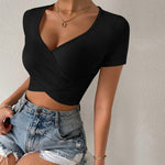 Sexy V-Neck Slim-Fit Ultra-Short Short Sleeve Solid Color T-Shirt Wholesale Womens Tops