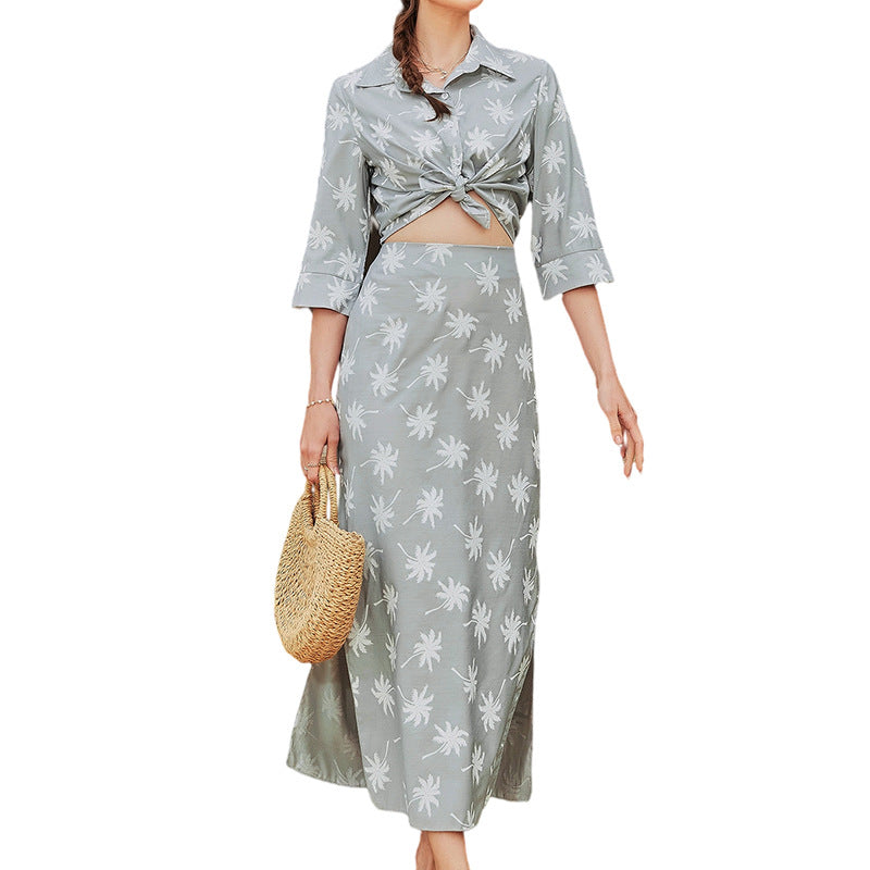 Design Long-Sleeved Floral Print Shirt And Open Half-Body Skirt Set Wholesale Women'S 2 Piece Sets