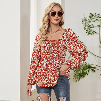 Casual Square Neck Chiffon Printed Tops High Waist Wholesale Womens Long Sleeve T Shirts