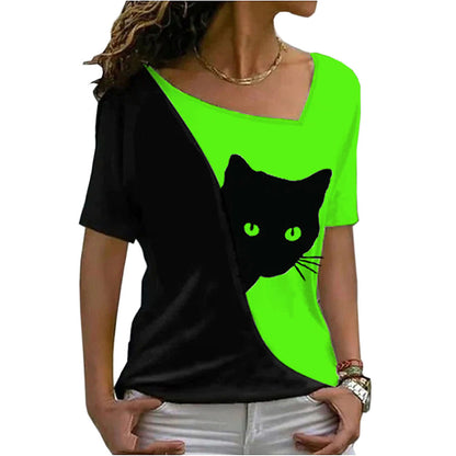 Casual Cat Print Diagonal Neck Tops Short Sleeve Womens T Shirts Wholesale