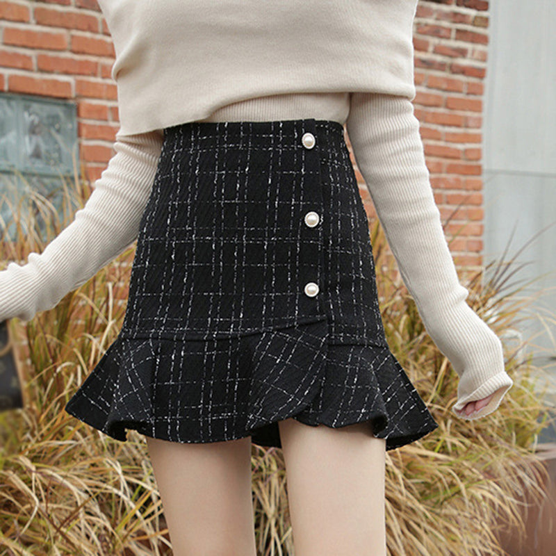 Fashion High Waist Skinny Ruffle Check Button Half-Body Skirt Wholesale Skirts