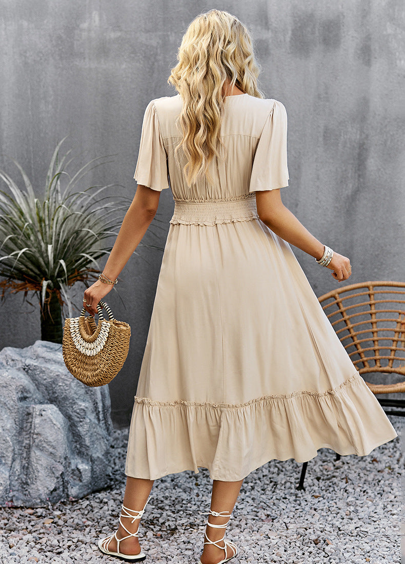 Casual Solid Color V-Neck Waist Open Dress Wholesale Dresses