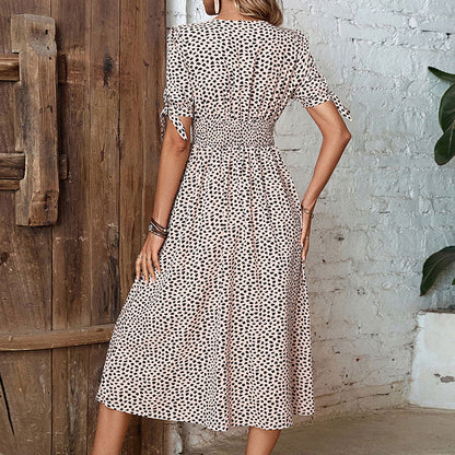 Single-Breasted Short Sleeve V Neck Split Printed Dress Wholesale Dresses