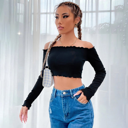 Sexy Off Shoulder Long Sleeve Solid Color Knit Slim Wholesale Crop Tops