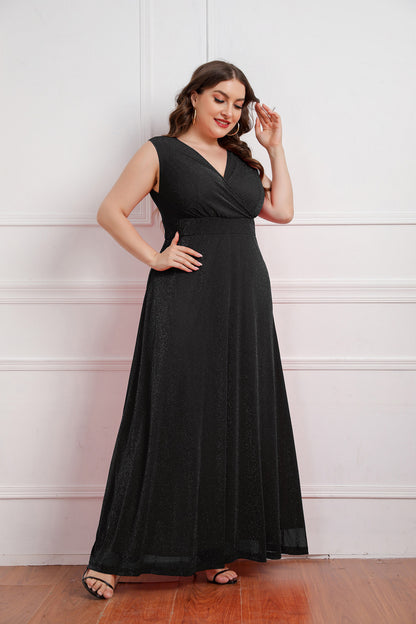 Wholesale Women'S Plus Size Clothing Sleeveless V Neck Slim Fit Big Swing Solid Color Dress