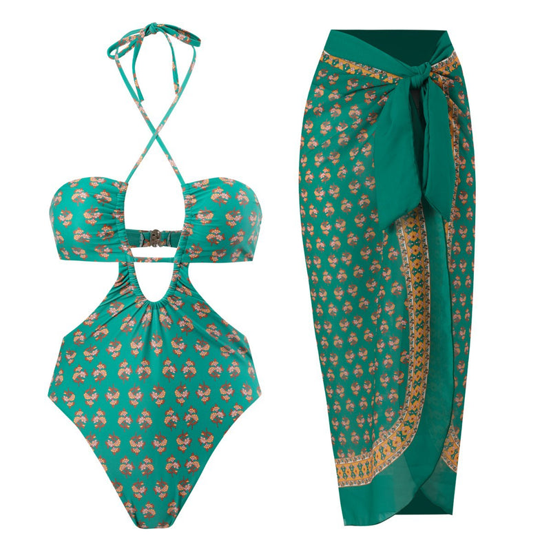 Bohemian-Print Gathered Halterneck Veil One-Piece Swimsuit Set Wholesale Women'S Clothing